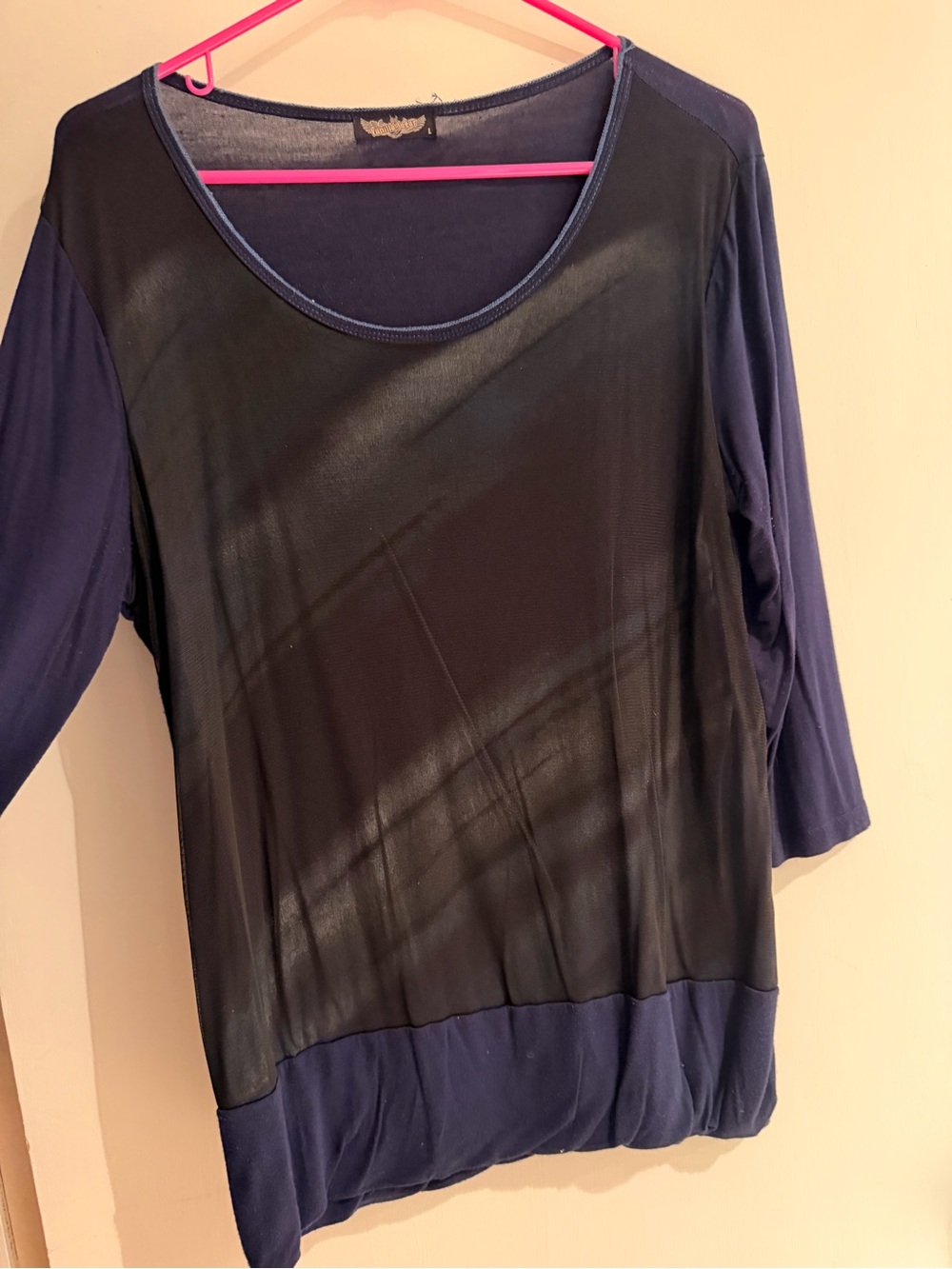 Women’s Sheer Paneled Navy and Black Scoop Neck Top